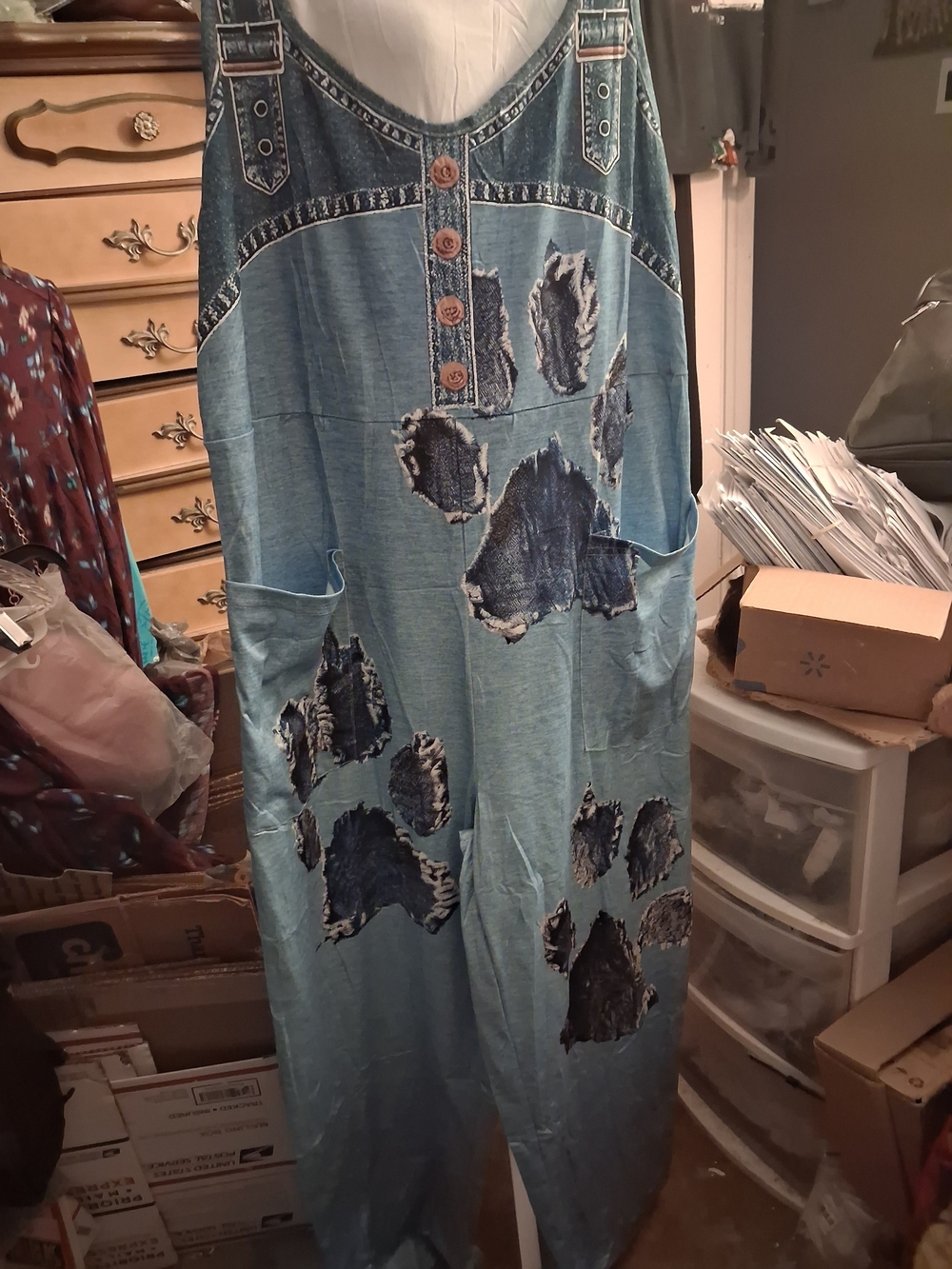 New,Denim-Style Knit, 3 D Print Paws Print Overalls With Front Pockets Size M